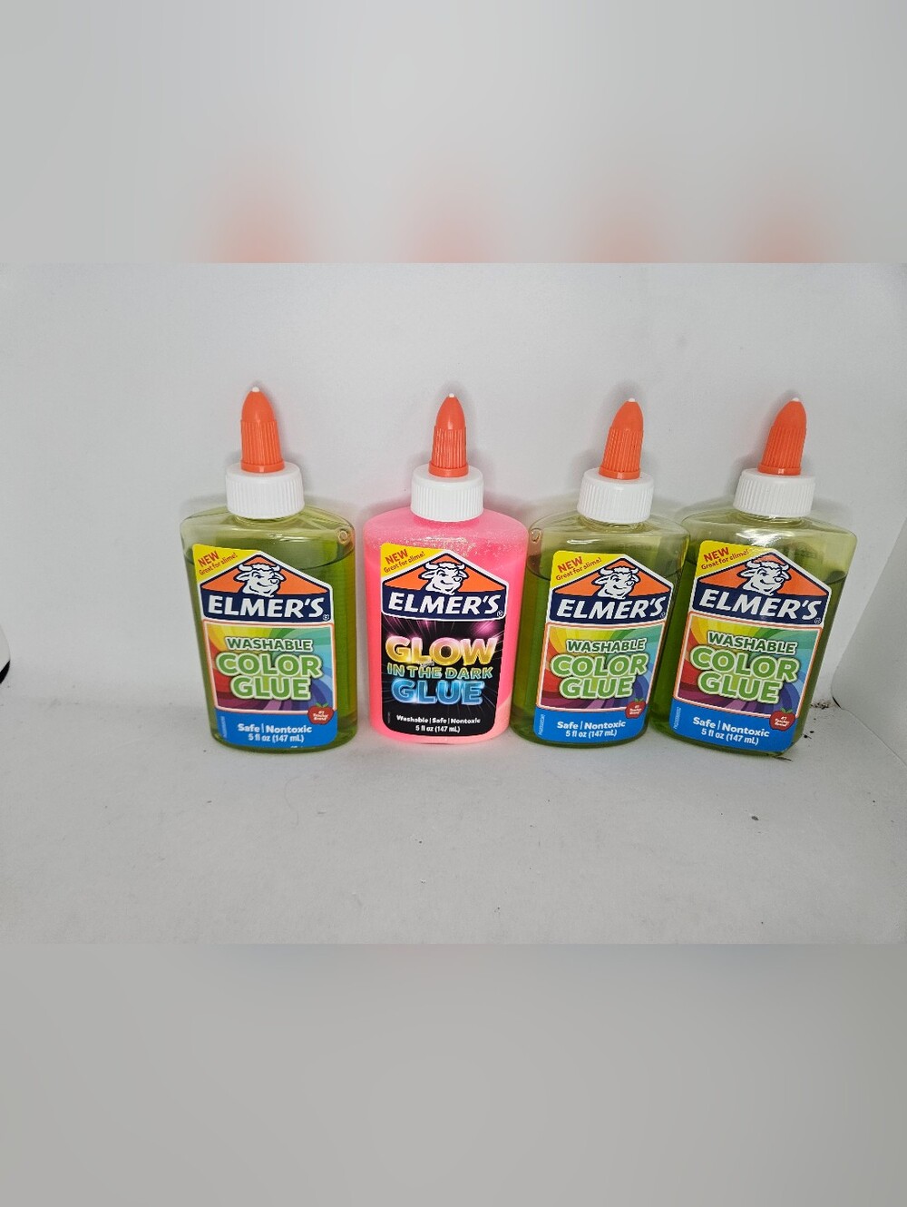 New 4 Elmer’s Transparent Colored Liquid Glue 5oz 3 Green 1 Pink Glow Washable. 